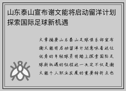 山东泰山宣布谢文能将启动留洋计划探索国际足球新机遇